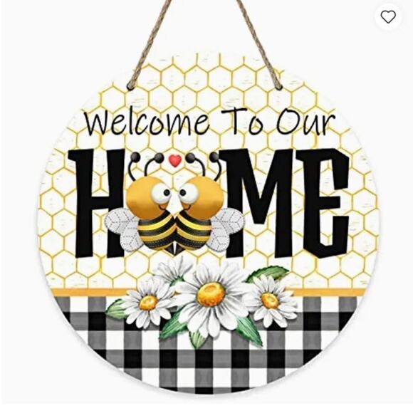 NEW! Farmhouse Honey Bee Welcome Round Wooden Door Wall Sign Buffalo Plaid - Picture 1 of 4